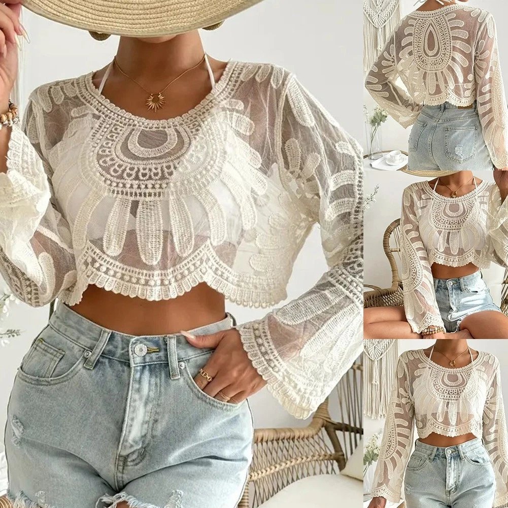 đș Transparent t-shirt med blommig broderi för dam đ