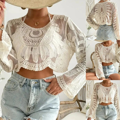 🌺 Transparent t-shirt med blommig broderi för dam 🌊